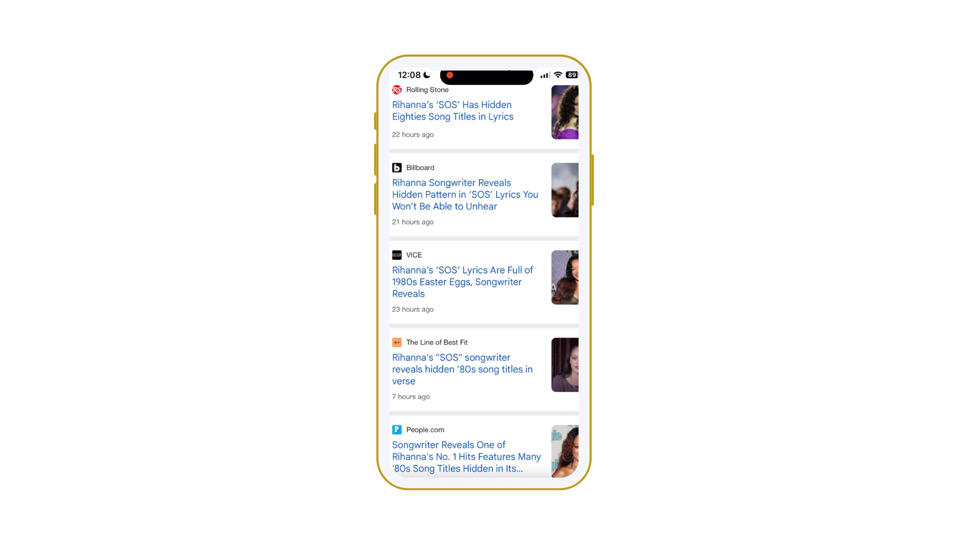 Phone showing news coverage — Rolling Stone, Billboard, Vice, People